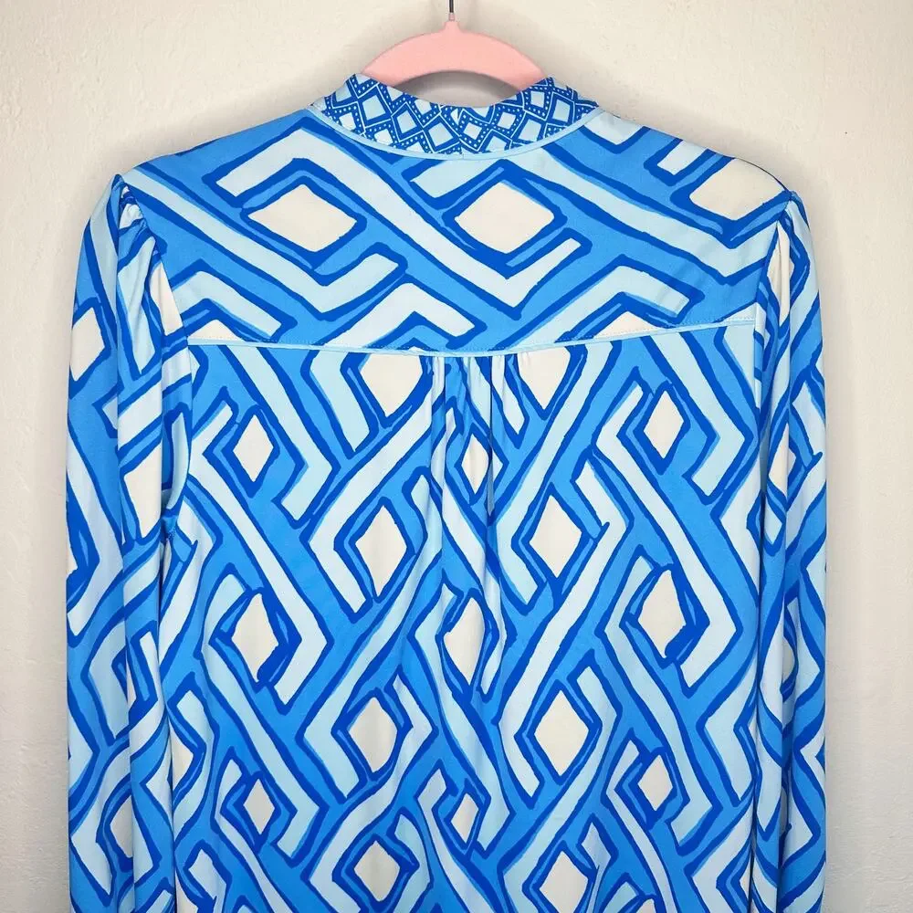 J McLaughlin Emer Long Sleeve Blue White Vilhada Souk Geometric Print Mini Dress